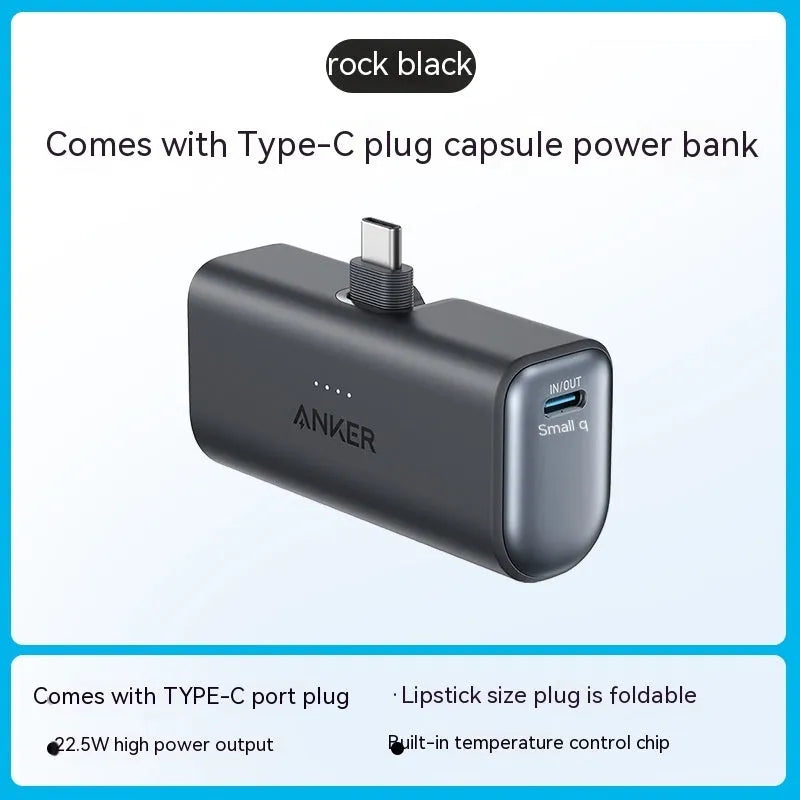 Compact capsule-shaped power bank in various colours with a fold-out USB-C connector.