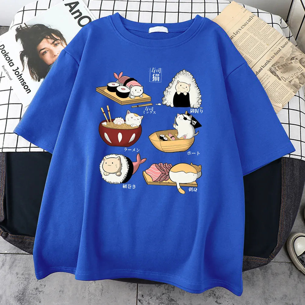 Men's black cotton T-shirt with white cat sushi cartoon print, short sleeves, loose fit
