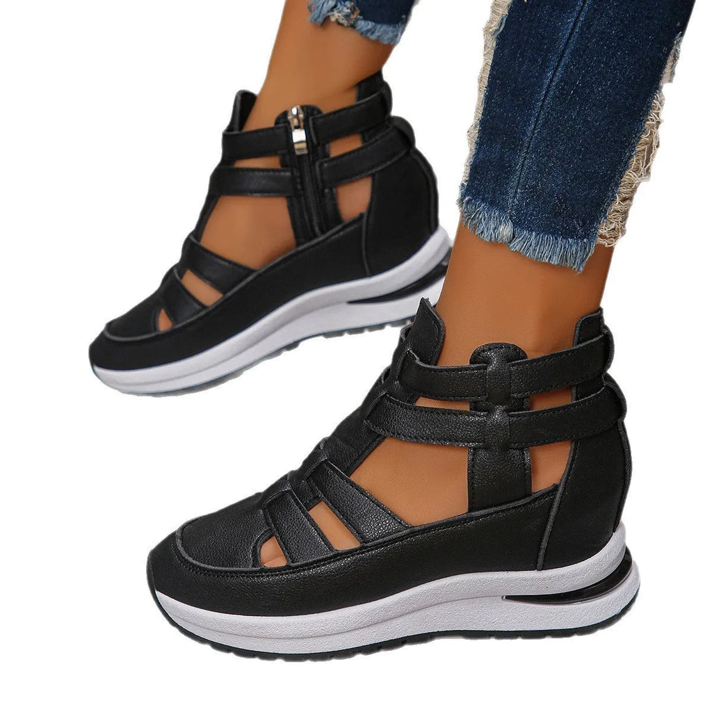 Black women's platform sandals with hollow-out design and Velcro strap