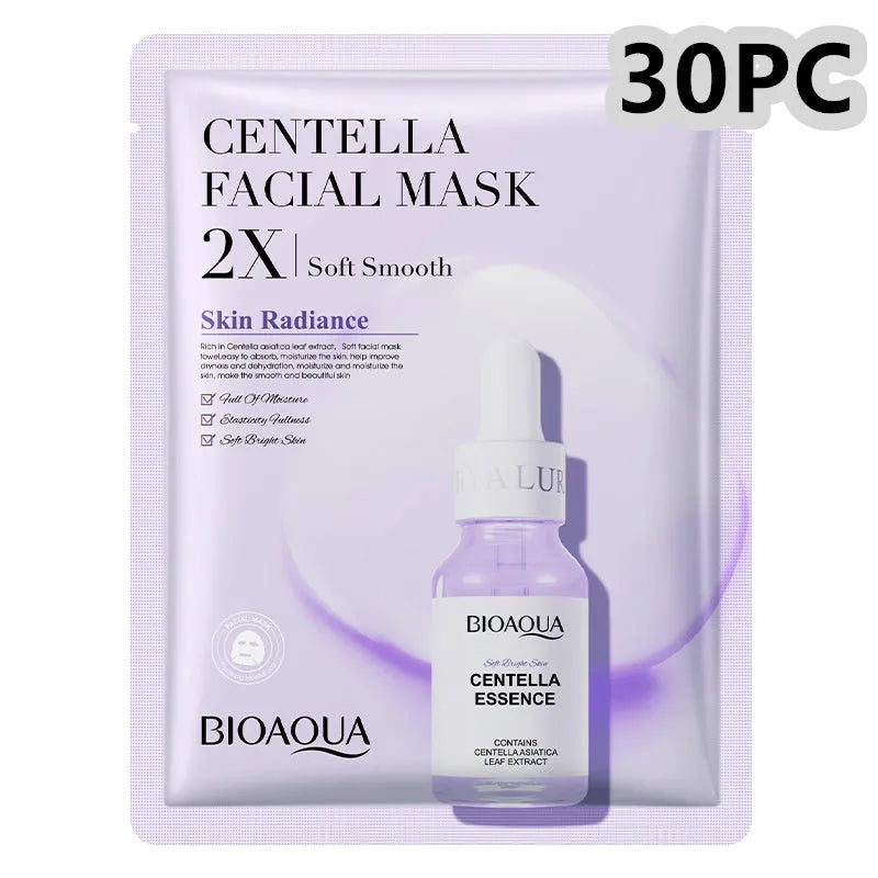 Single-use gel facial sheet mask in packaging, 30g collagen or hyaluronic acid formula.