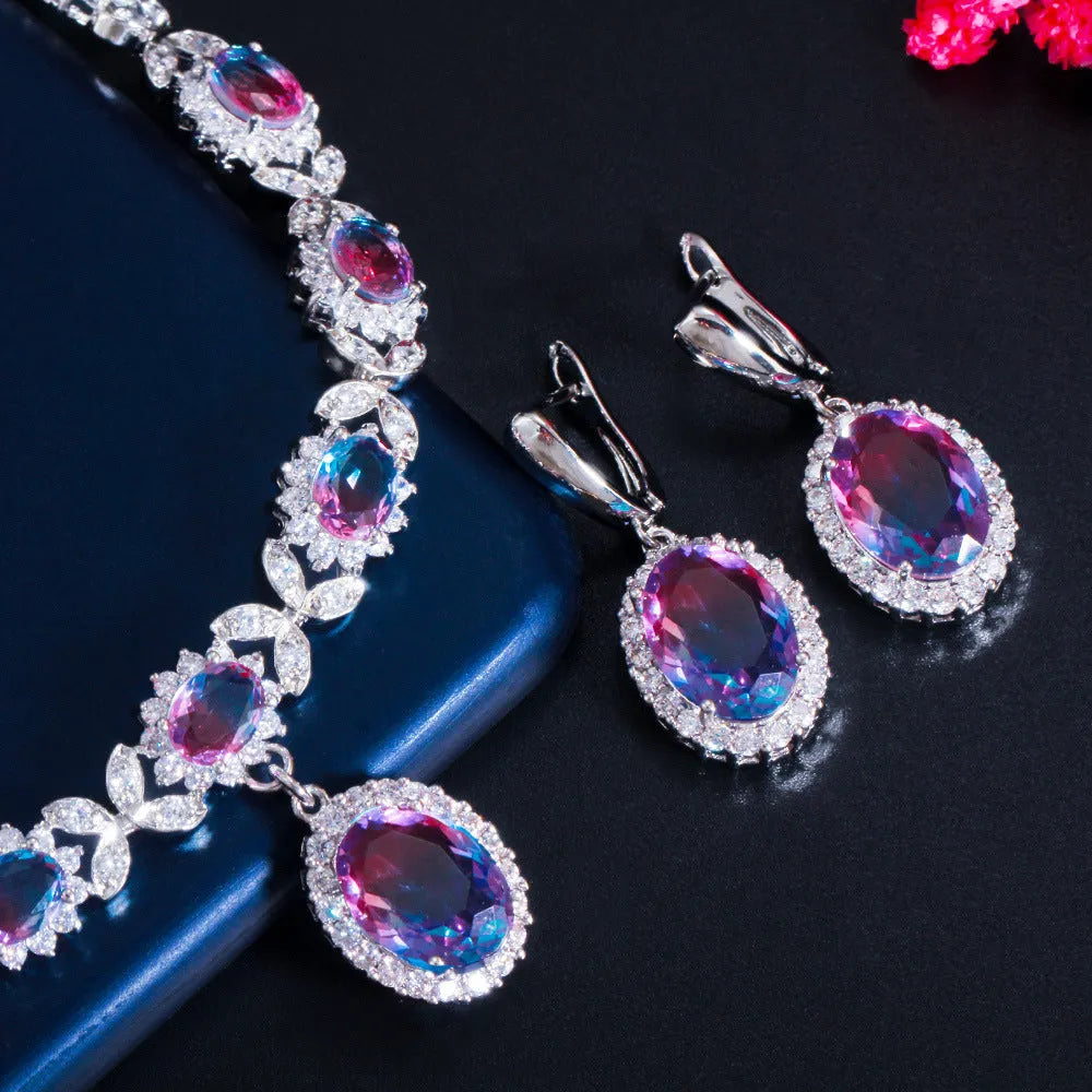 Women's copper inlaid zircon earrings and necklace set with gradient stones