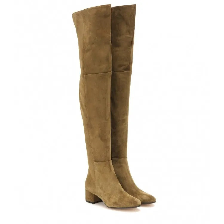 Women's grey suede over-the-knee flat boots with pointed toe and low thick heel