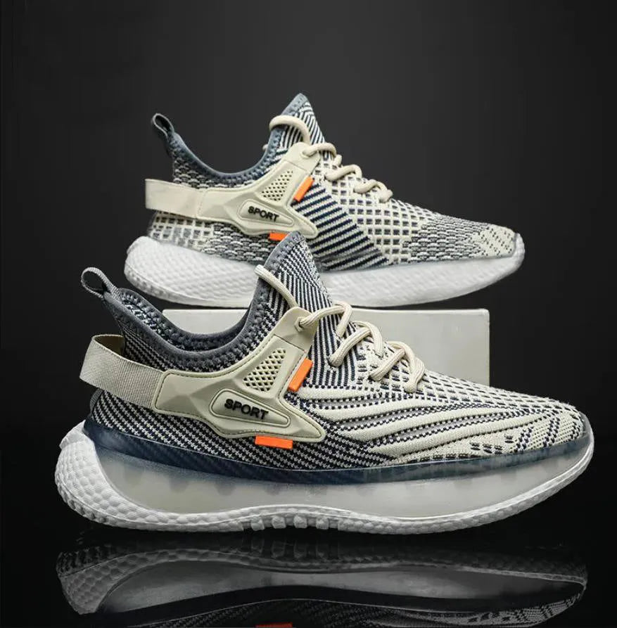Men's white mesh platform sneakers with flat rubber sole and front lace-up closure