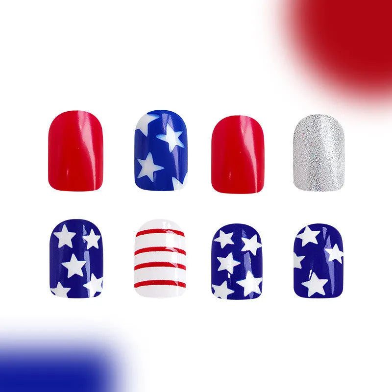 Red, white and blue glitter artificial nail tips with patriotic design in short almond shape