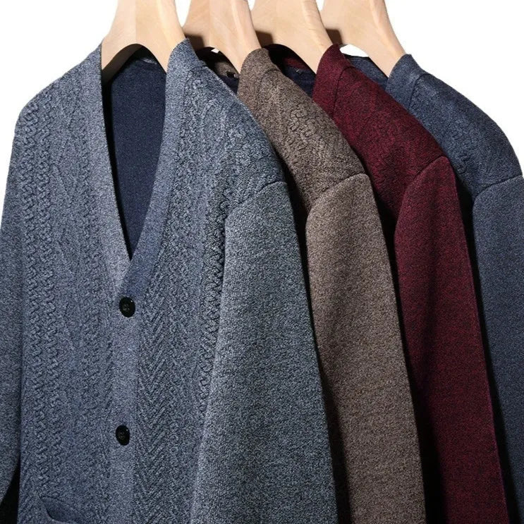 Men's striped cardigan sweater with wool lining in brown colour showing long sleeves and front opening
