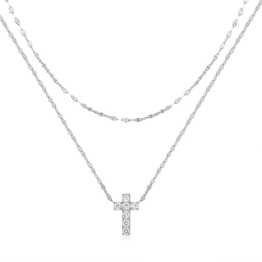 S925 Sterling Silver necklace with a geometric double-layer cross pendant featuring twin diamond detailing.