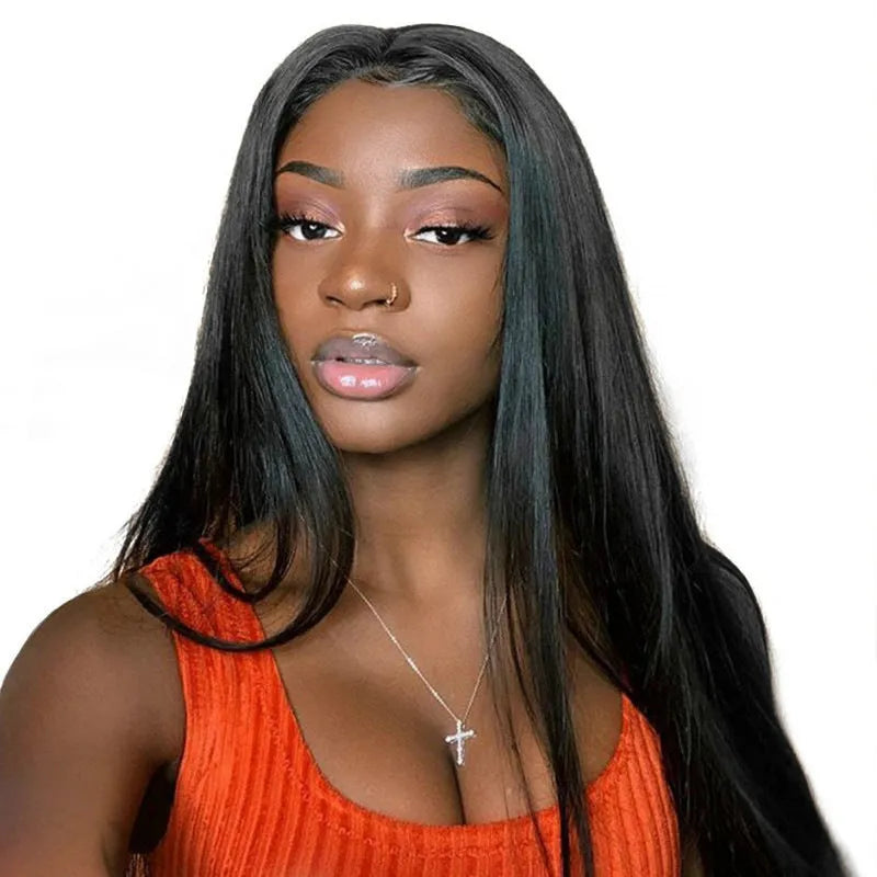 Black long straight wig with centre-parted bangs made from high-temperature fibre
