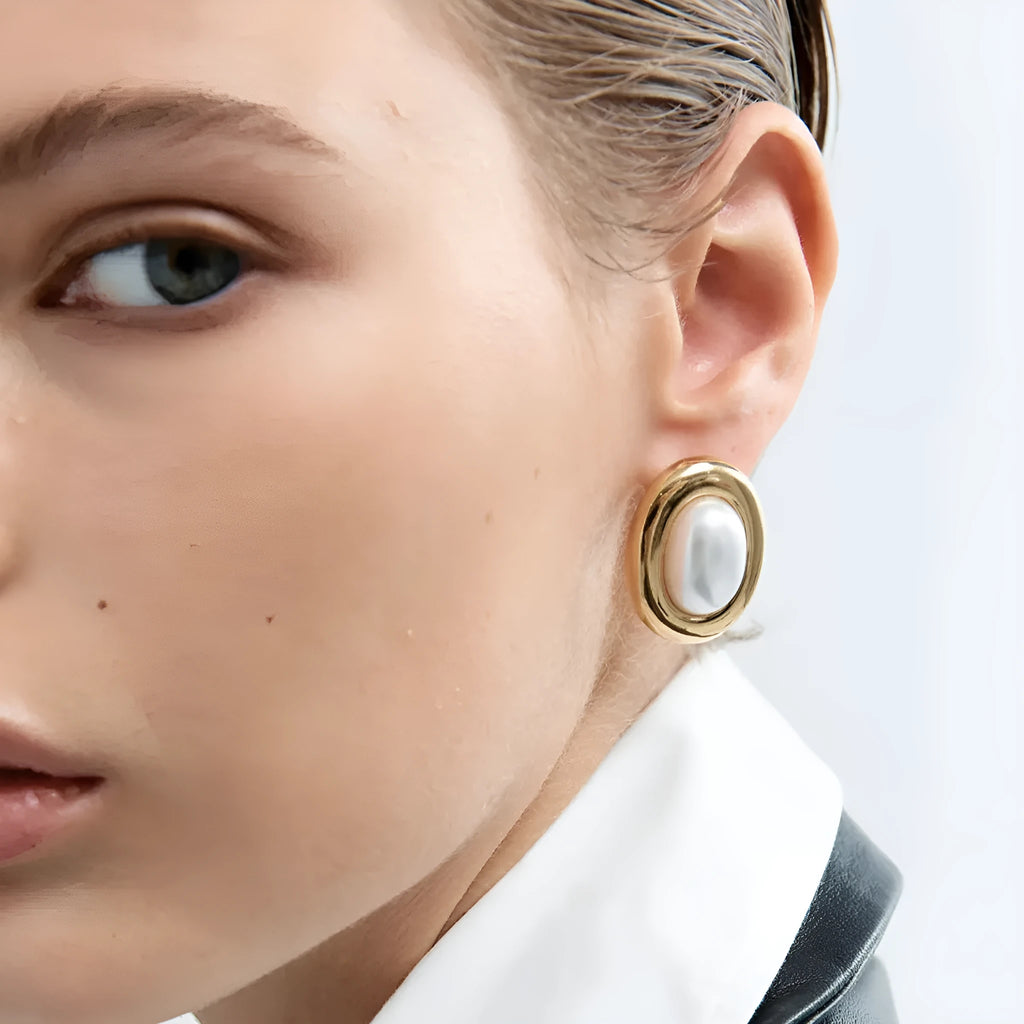 Silver-tone stainless steel vintage pearl ear studs for women with electroplated non-fading finish