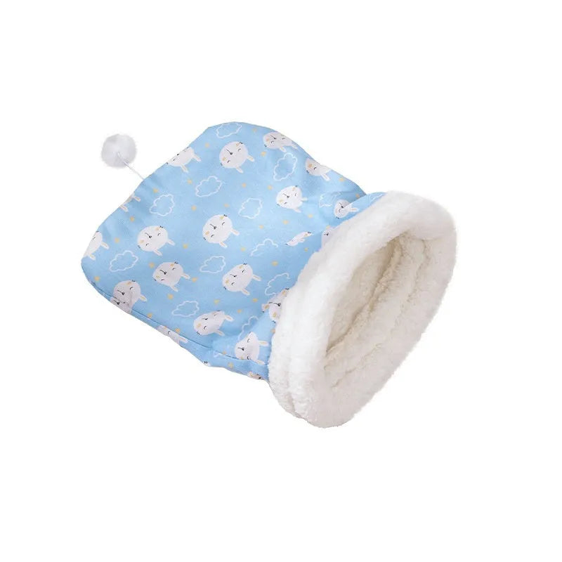 Flannel cat sleeping bag nest in blue rabbit design measuring 50 by 40 cm