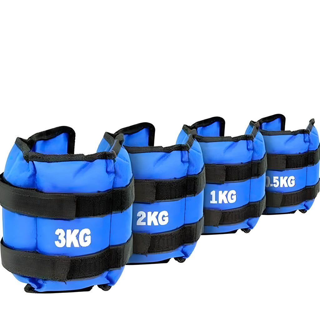 Pair of Oxford cloth legging sandbag weights for athletic training, shown with ankle strap.