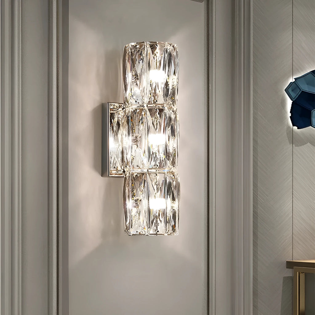 Crystal wall lamp with metallic finish and LED tri-colour lighting in multiple size options