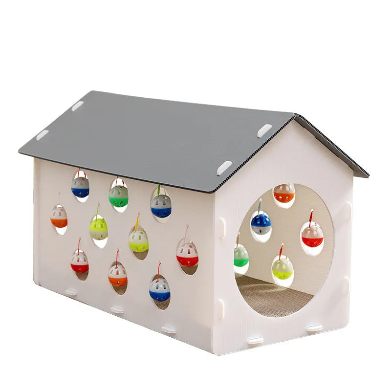 Integrated cat scratch board and nest toy with bell ball tunnel for house cats