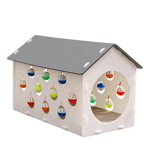 Integrated cat scratch board and nest toy with bell ball tunnel for house cats