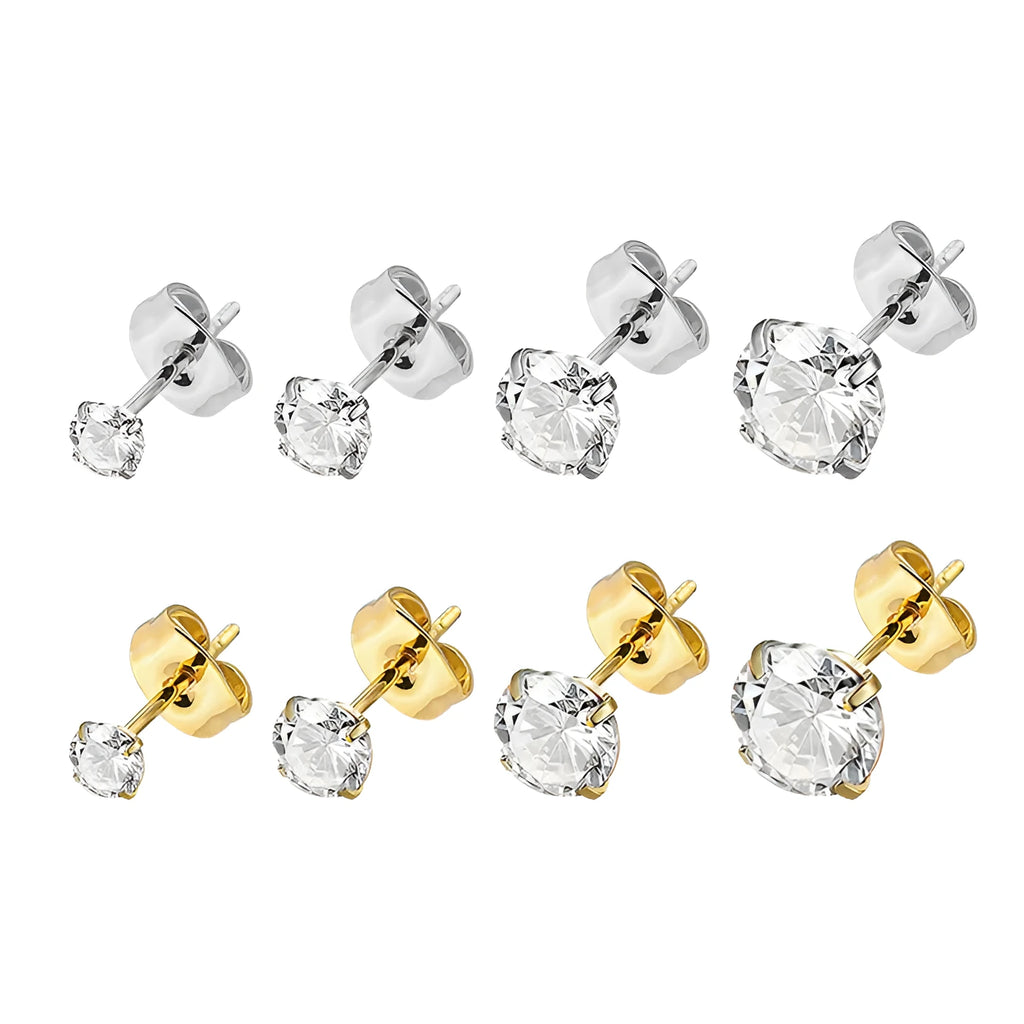 Square geometric stainless steel zircon stud earrings in gold and steel colour finishes
