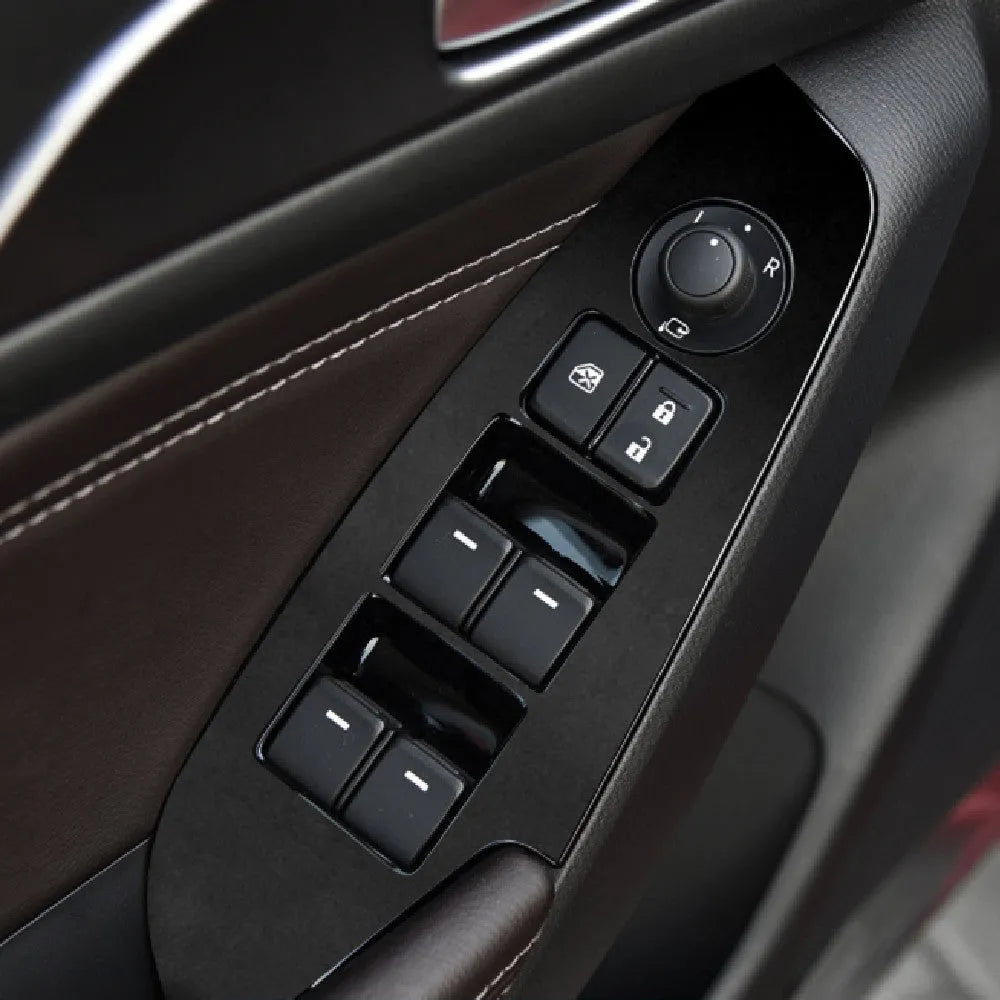 TPU protective film set for Ford Mustang door control panel switches in transparent, carbon fibre and matte black finishes