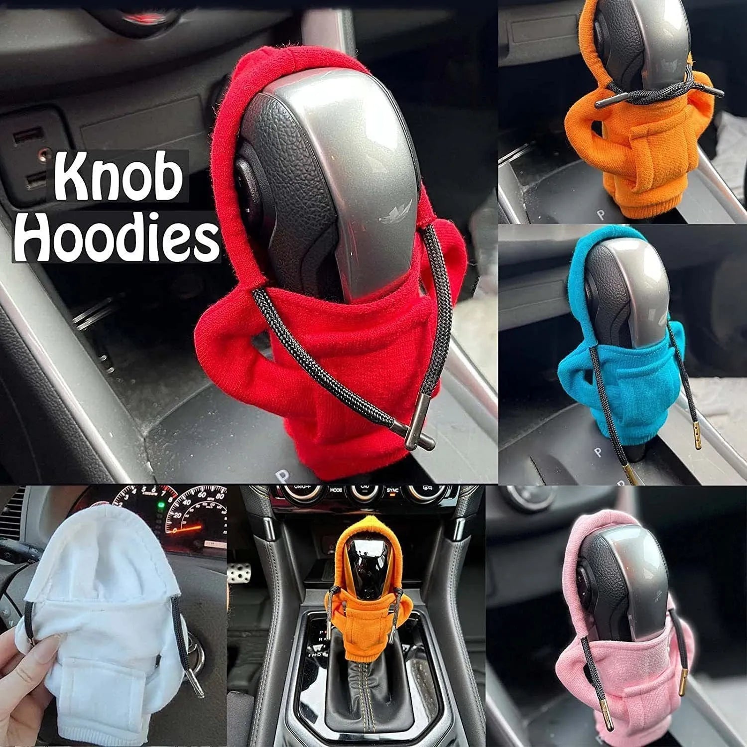 Blue cloth gear shift knob cover on a car's manual transmission lever.
