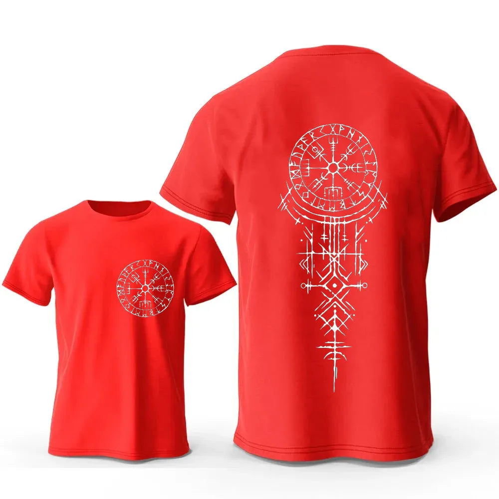 Man wearing a grey t-shirt with a large Viking rune compass graphic printed on the chest.
