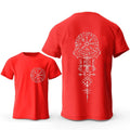 Man wearing a grey t-shirt with a large Viking rune compass graphic printed on the chest.