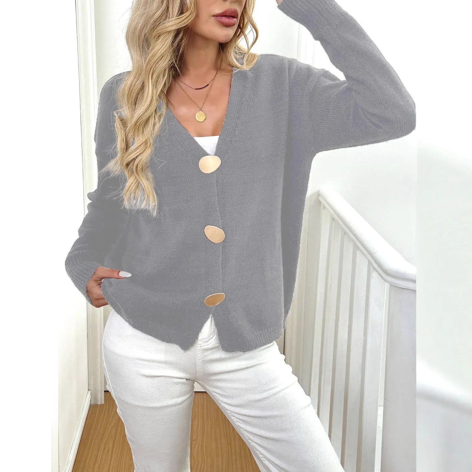 A grey women's long sleeve deer plush sweater coat with princess sleeves in a street hipster style.