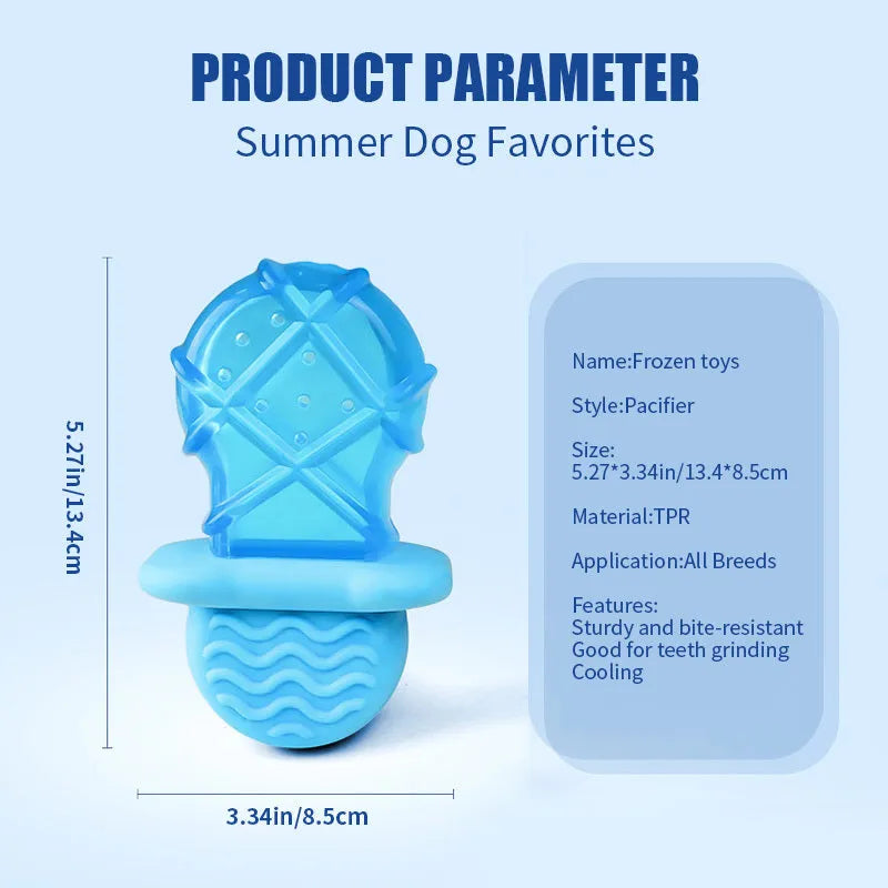 Set of three hollow silicone dog toys: a blue pacifier, a red popsicle, and a green ring for filling with water and freezing.