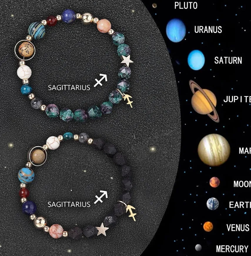 Complete set of twelve zodiac sign bracelets with natural stone beads and adjustable closures