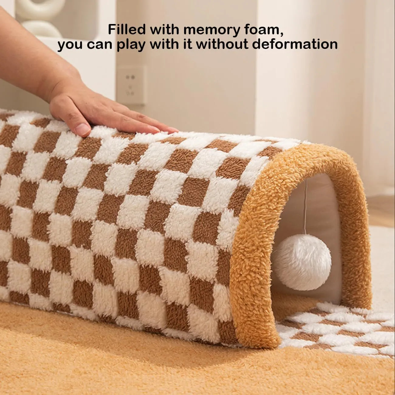 Fan-shaped plush pet bed with integrated tunnel, XL size 80cm, coffee colour with anti-slip base