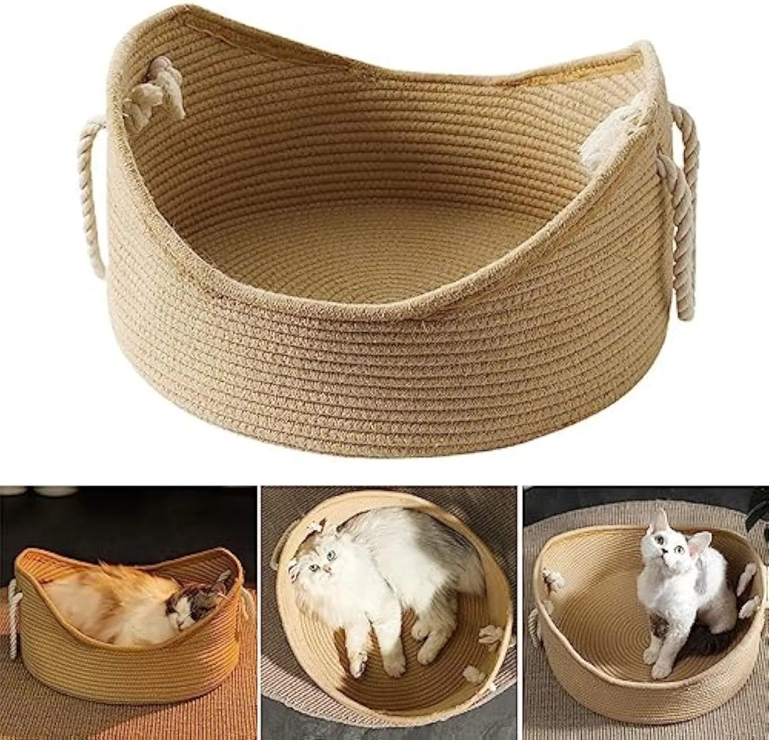Wicker cat bed basket with integrated corrugated scratching board in two size options for indoor cats