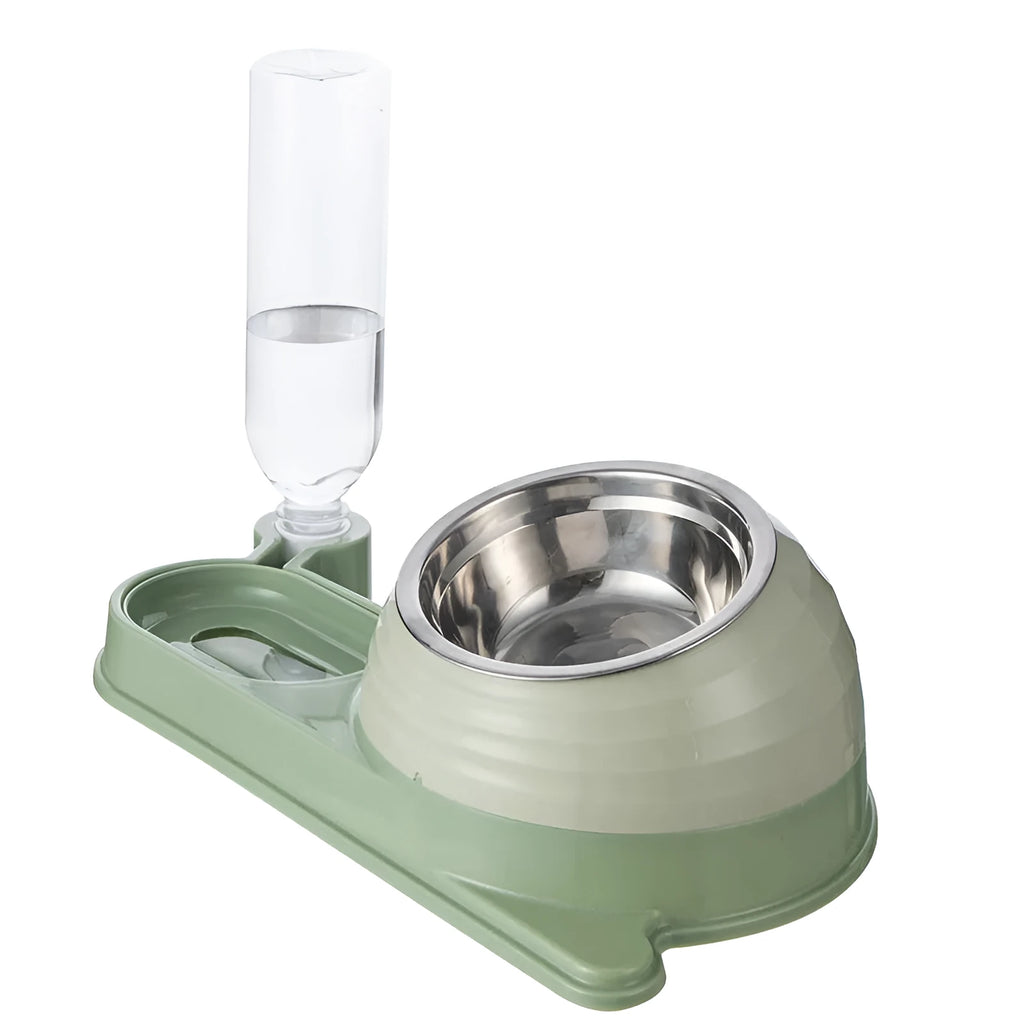 Brown elevated cat bowl with attached water dispenser bottle on a wooden floor.