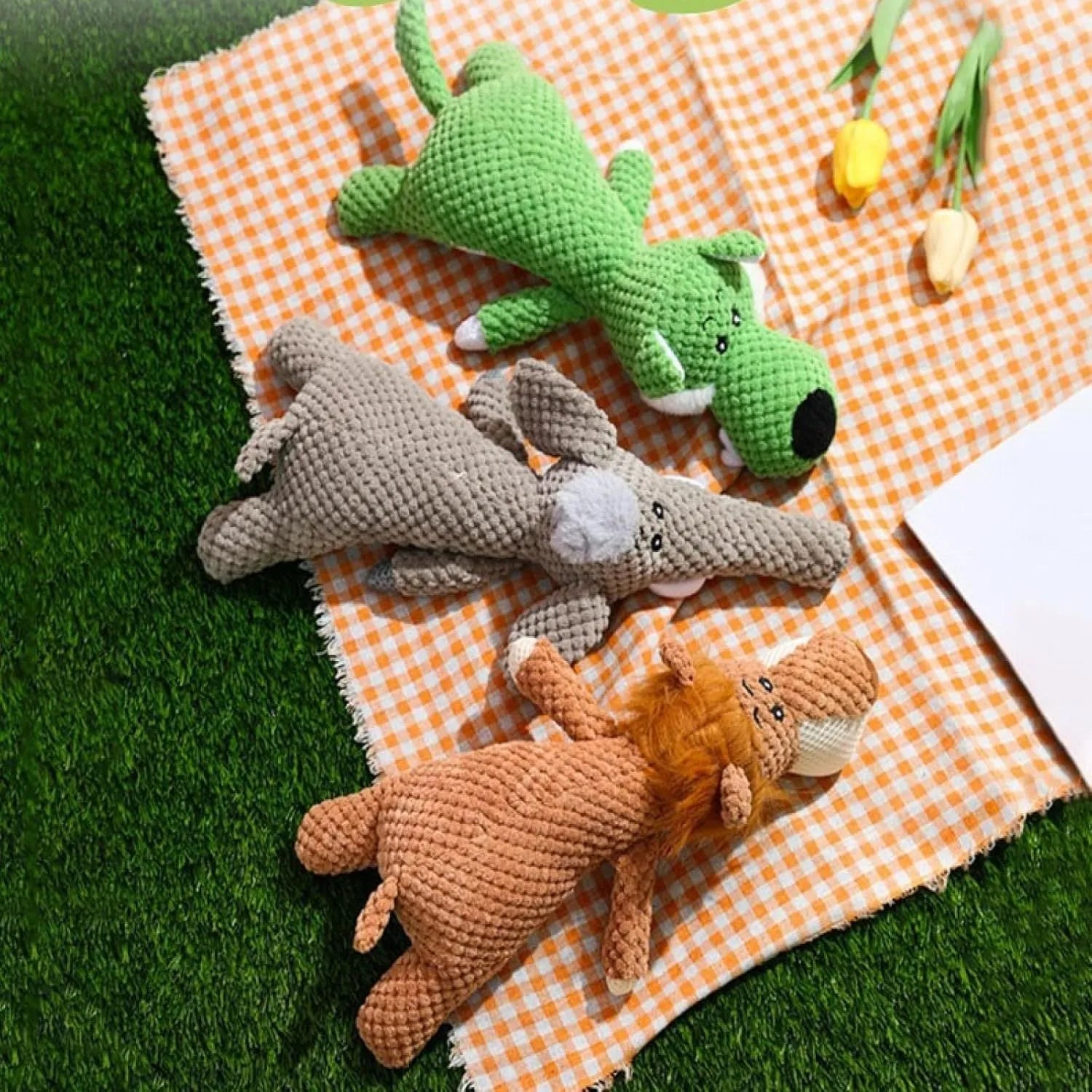 Corn cob shaped plush dog chew toy with textured kernels and squeaker
