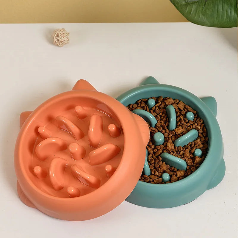 Bone-shaped slow feeder pet bowl in PP plastic showing interior maze design for slower eating