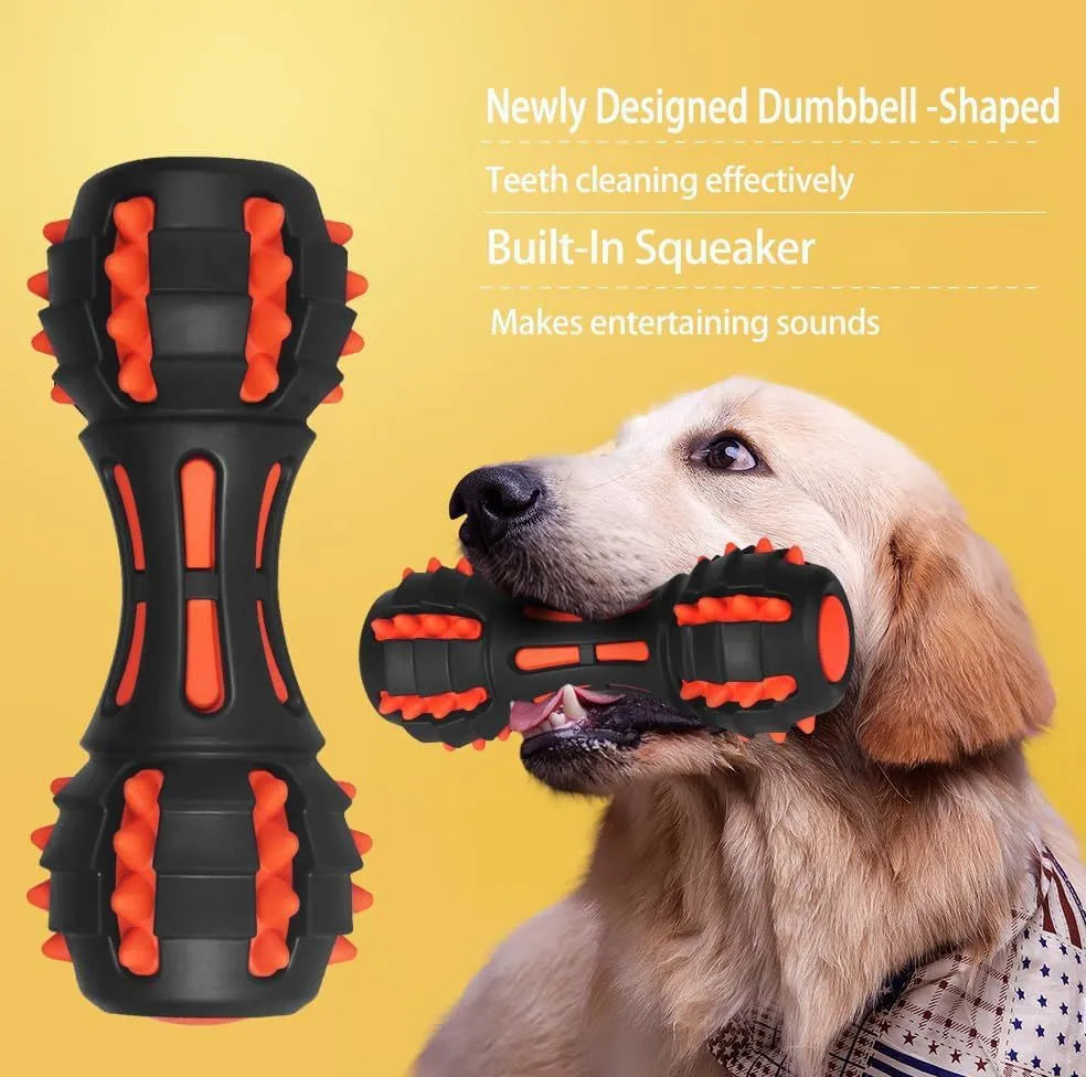 Red rubber dumbbell-shaped dog chew toy with textured surface for dental cleaning