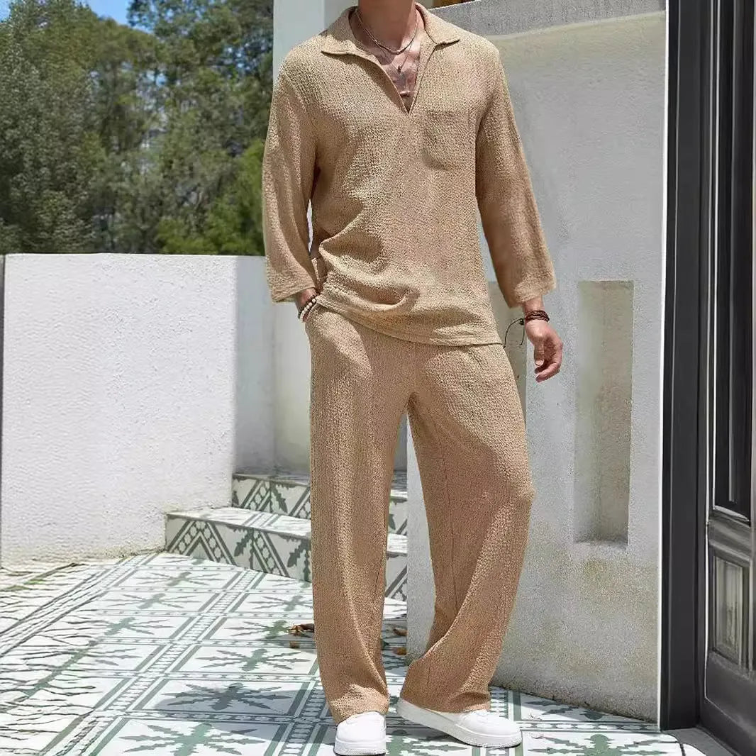 Men's casual shirt trousers suit in lake blue colour, two-piece set for autumn leisure wear