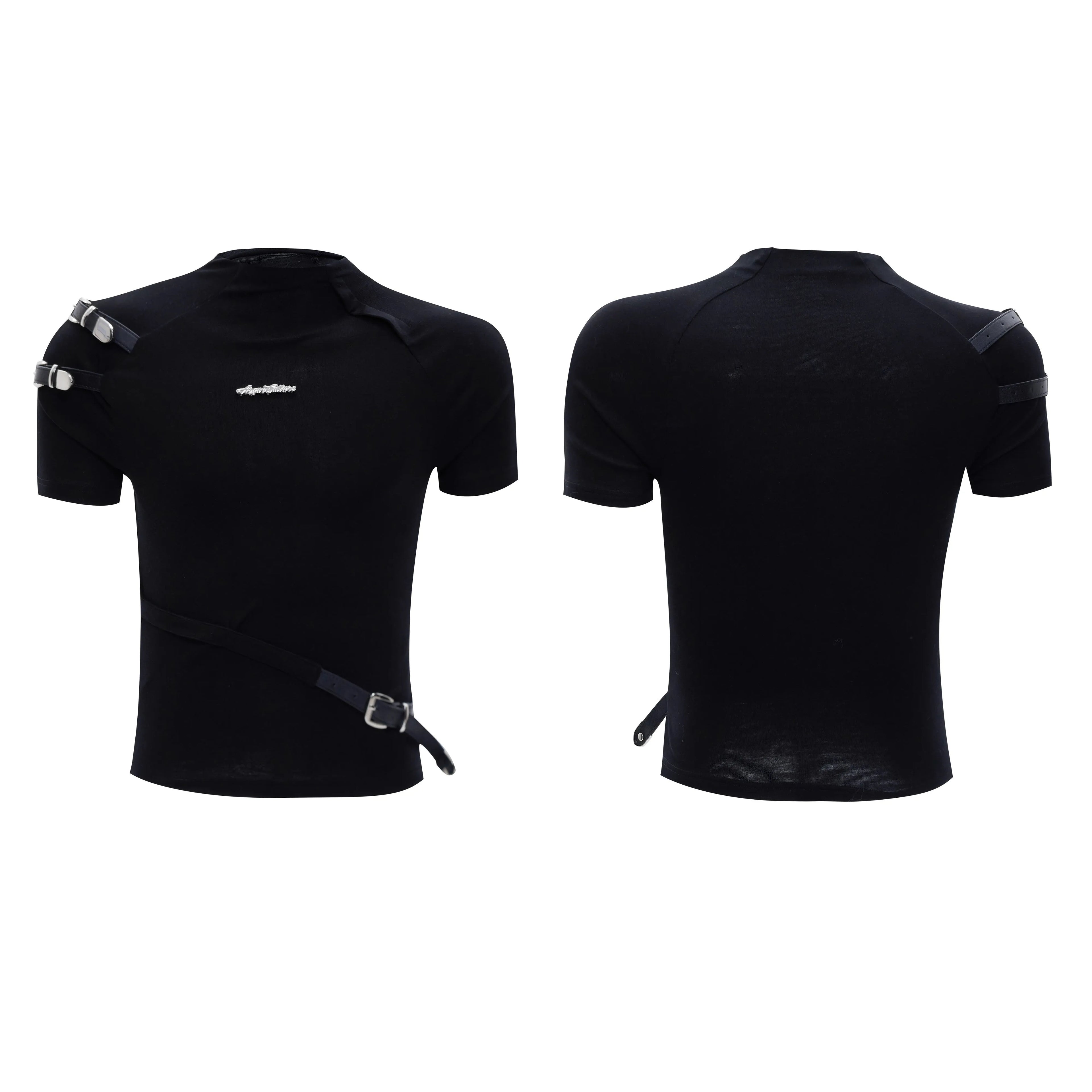 Men's black cotton short-sleeve T-shirt with a stand-up collar and metallic belt detail on a slim fit.