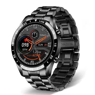 Smart watch with stainless steel wristband and 1.3 inch touchscreen display showing step counter