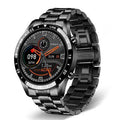 Smart watch with stainless steel wristband and 1.3 inch touchscreen display showing step counter