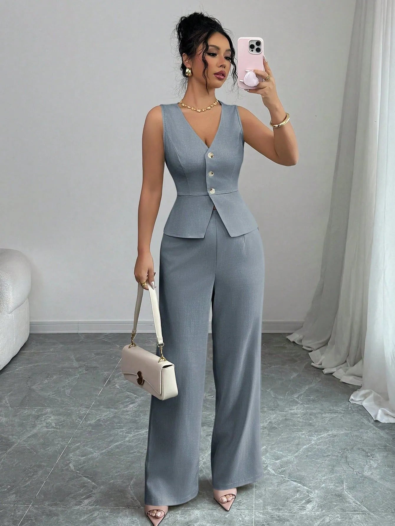 Women's solid colour sleeveless vest and high waist trousers two-piece set in Japanese Korean casual style