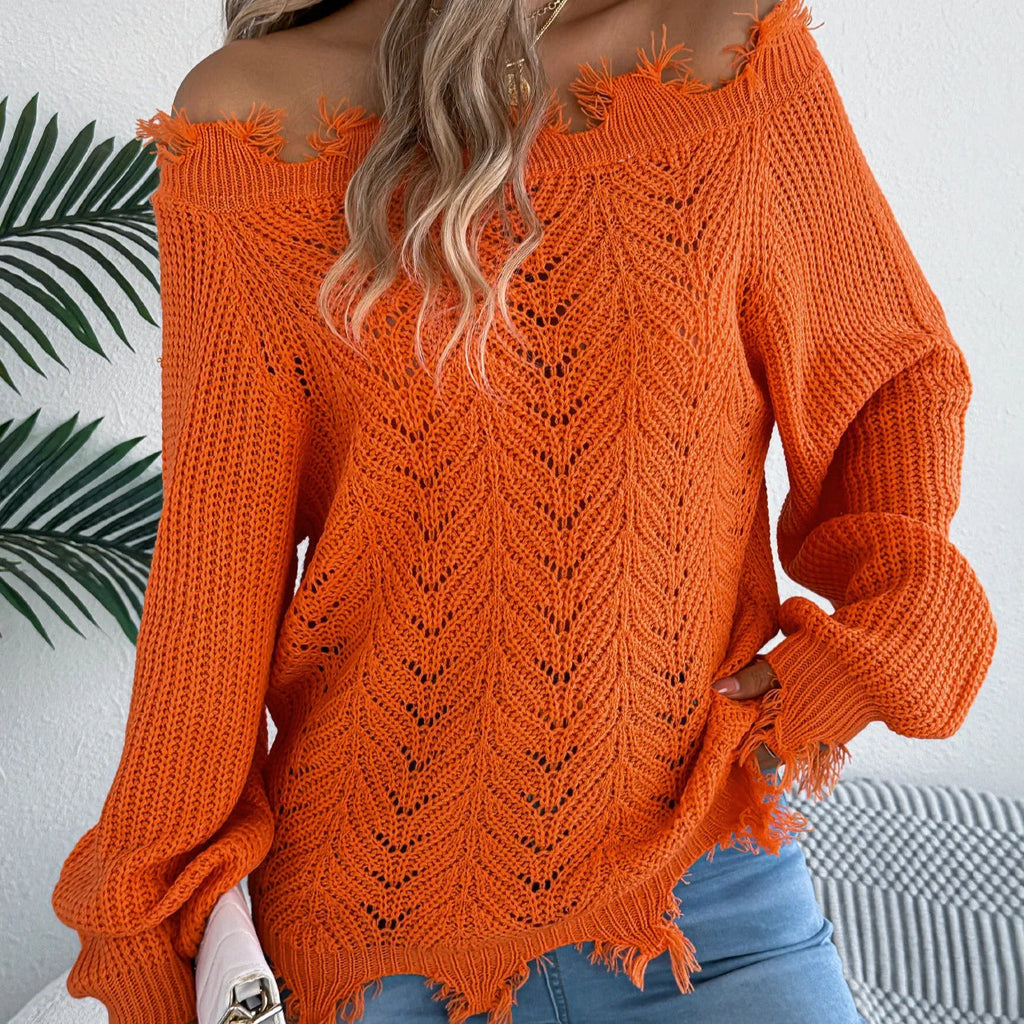 White hollow-out long-sleeved pullover sweater with cut off-the-shoulder design