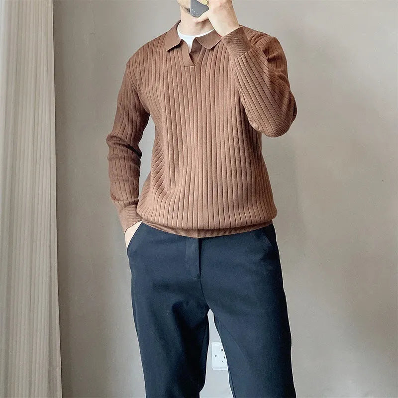 Boys modal rabbit fur knitted pullover sweater with striped lapel and long sleeves