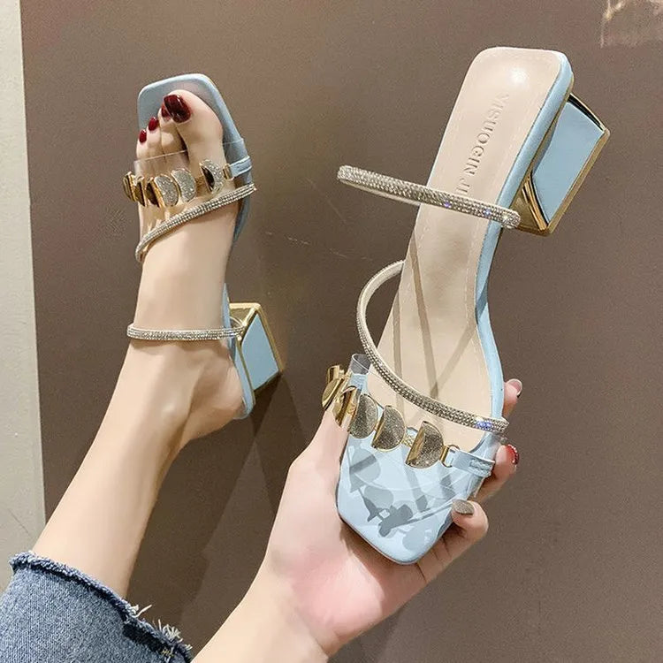 Women's dignified rhinestone sandals in white with square toe shape, PU upper, and rubber sole