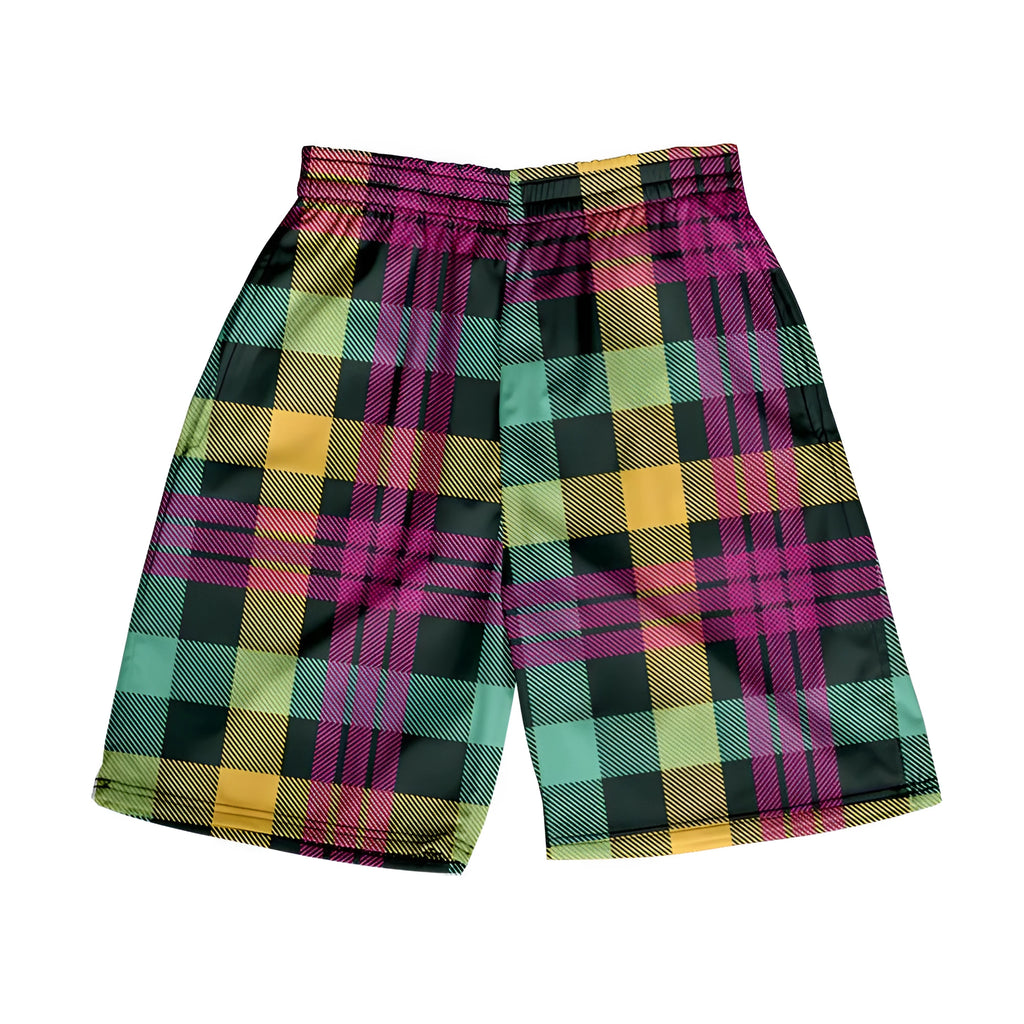 Man wearing plaid patterned polyester shorts with an elastic waistband, showcasing one of the twenty available colour options.
