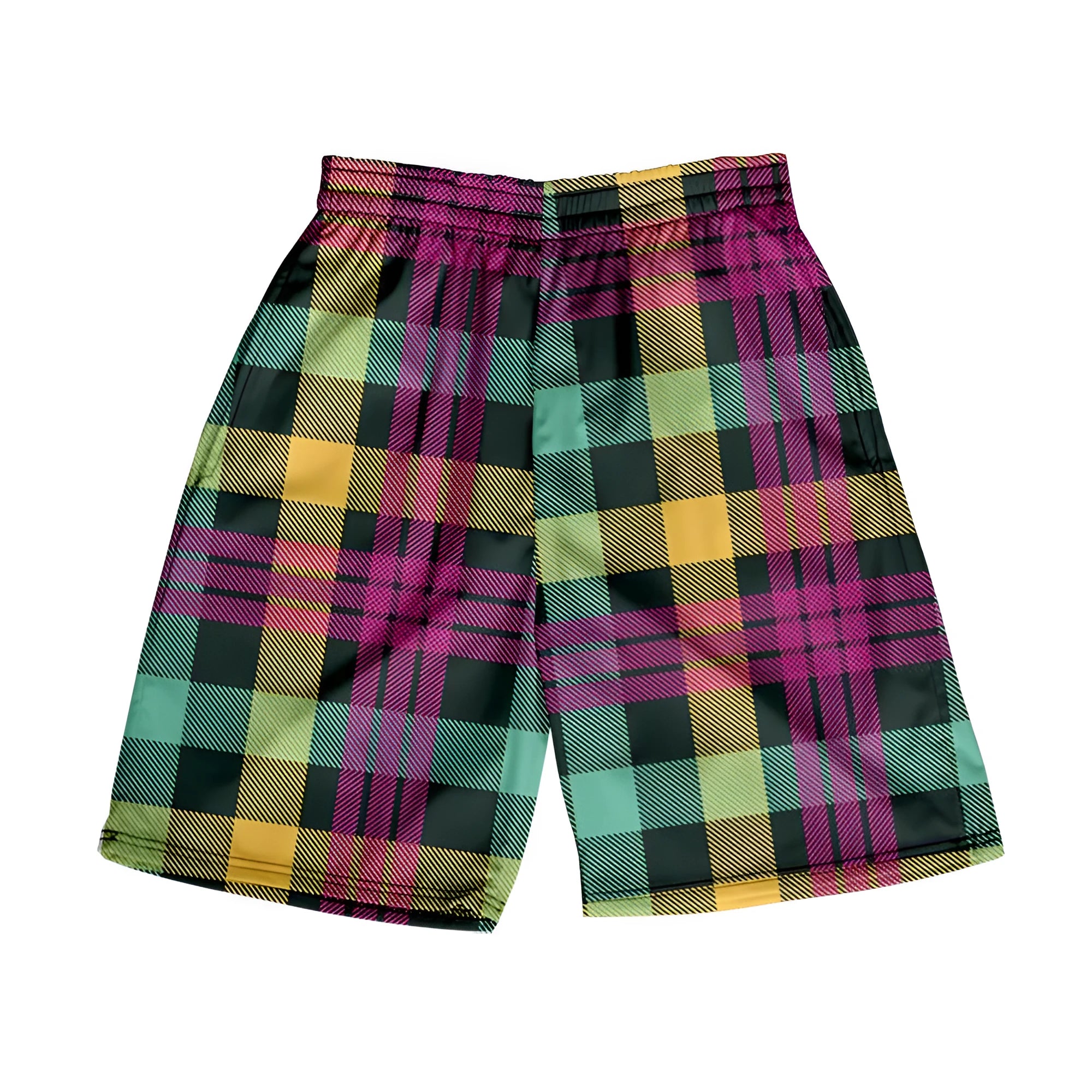 Man wearing plaid patterned polyester shorts with an elastic waistband, showcasing one of the twenty available colour options.