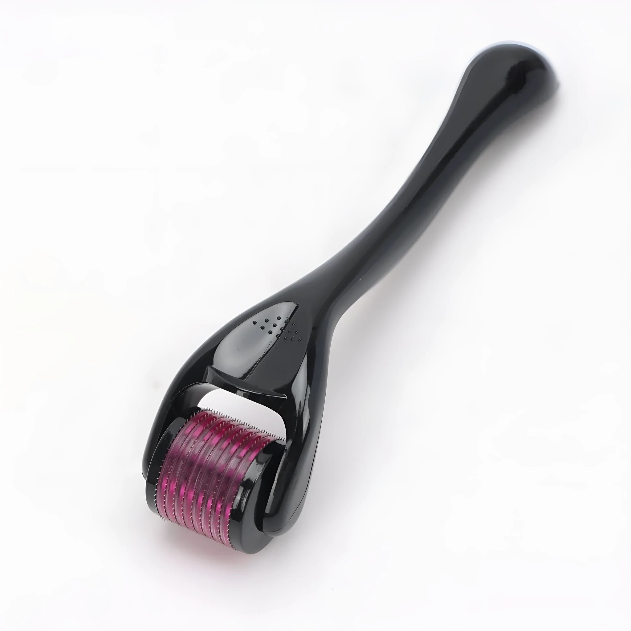 Black handle micro needle roller with purple wheel showing 540 stainless steel needles for dermaplaning