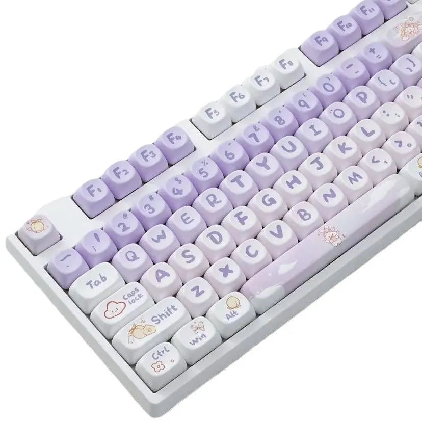 Set of gradient purple PBT keycaps for mechanical keyboards featuring a rabbit design.