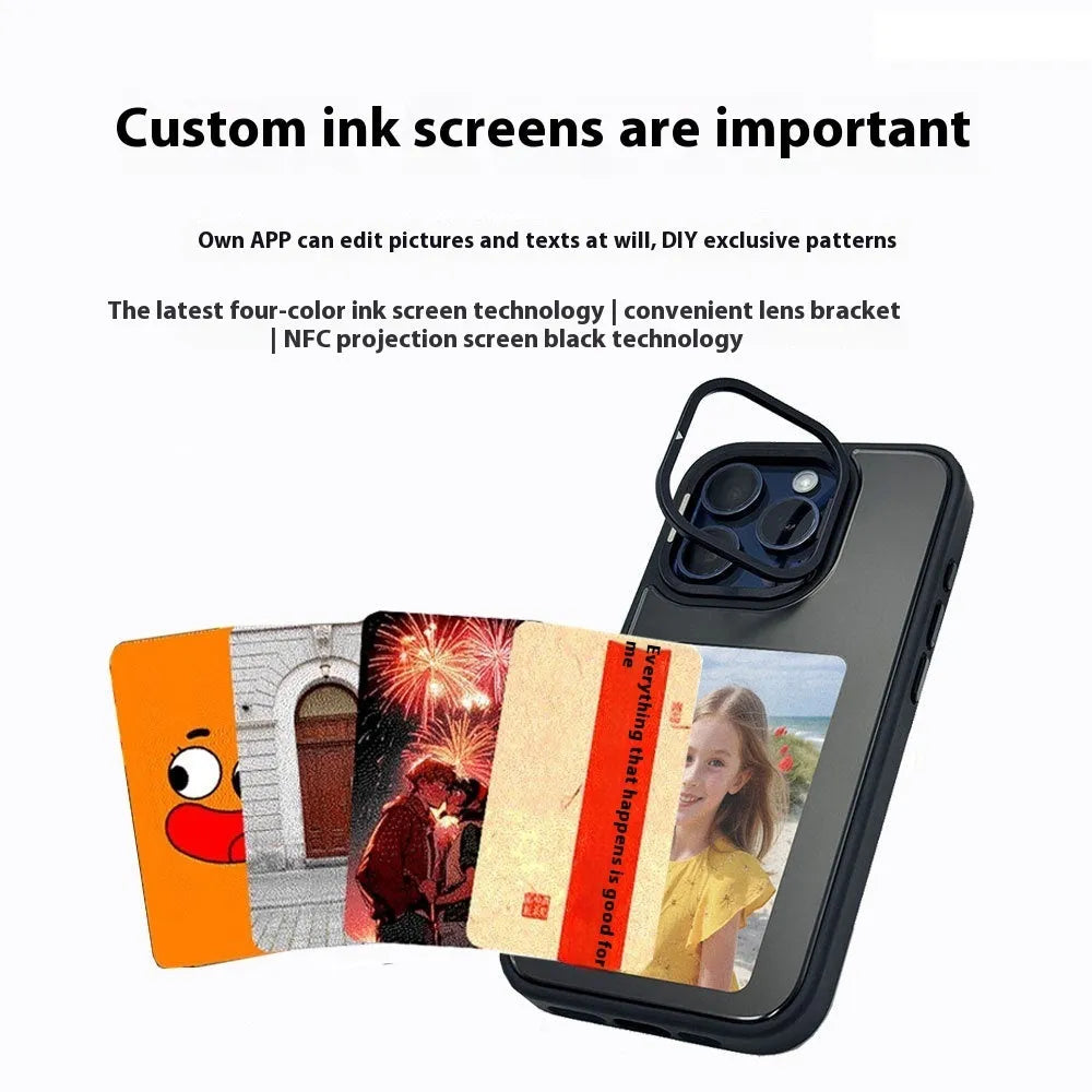 NFC E-ink screen bracket phone case for iPhone Pro Max in green, pink, or black.