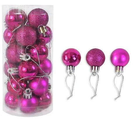 Assorted 3cm diameter electroplated plastic Christmas balls stored in a tall plastic barrel