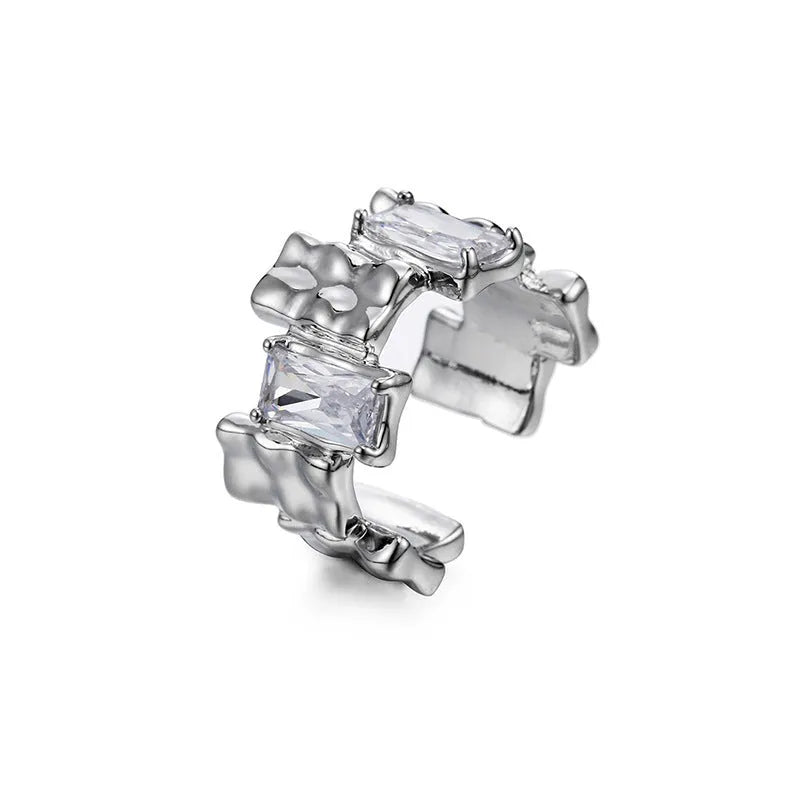 Silver cross zircon ring with open gemstone design and geometric three-dimensional decoration in retro style