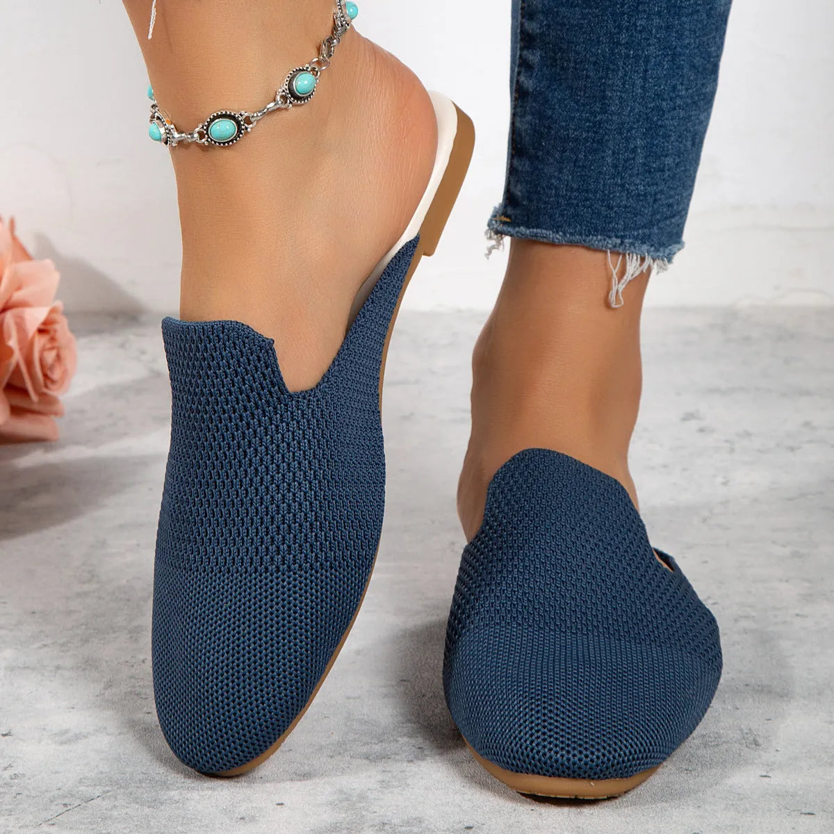 Mesh slip-on sandals in apricot, blue, or green with round toe and flat rubber sole