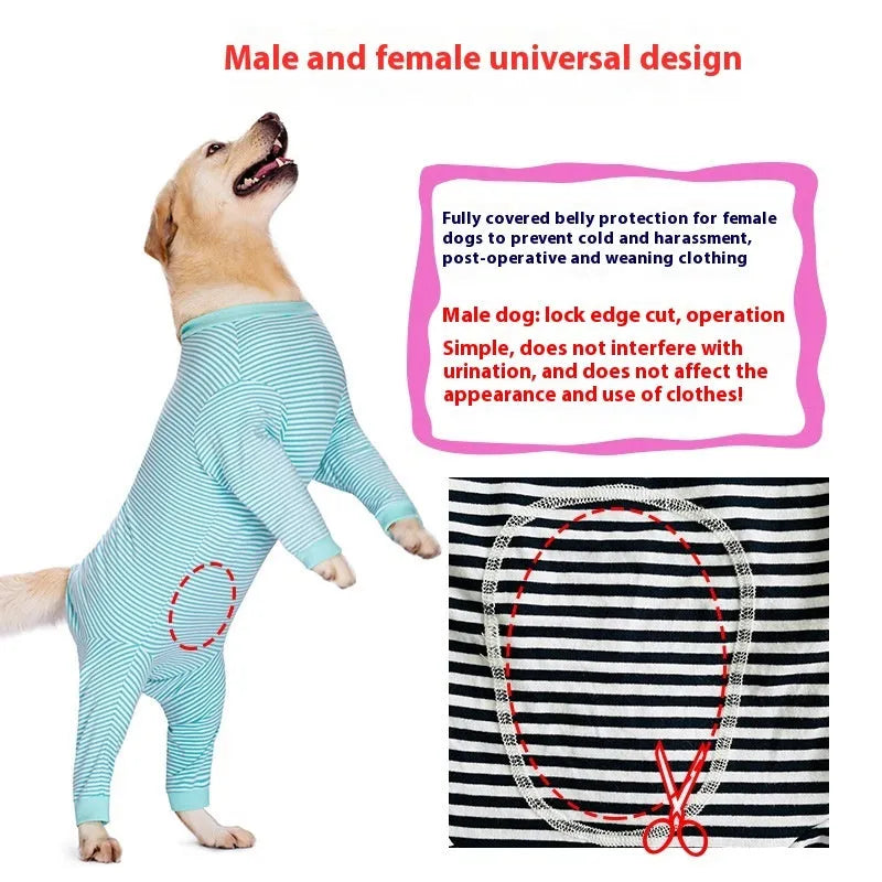 Striped four-legged dog shirt on a large breed dog, shown in sky blue, black dark blue stripe, or brown.