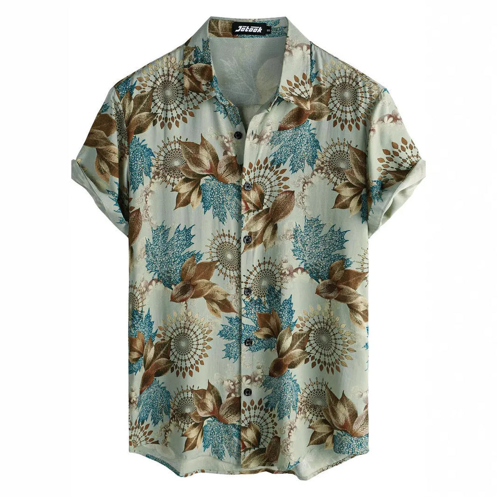 Hawaiian print short sleeve shirt with lapel collar showing floral digital printing on elastic polyester fabric