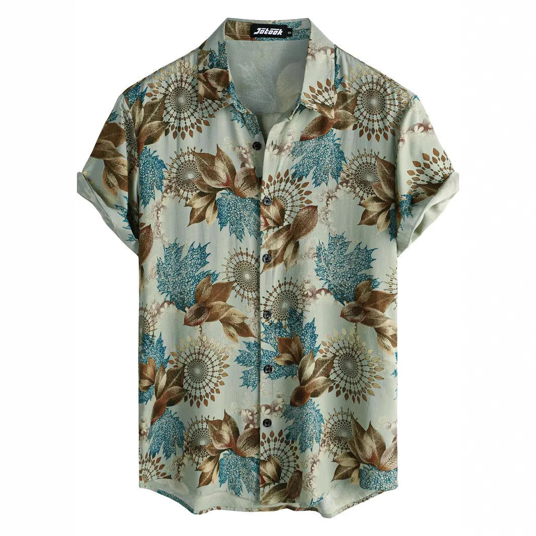 Hawaiian print short sleeve shirt with lapel collar showing floral digital printing on elastic polyester fabric
